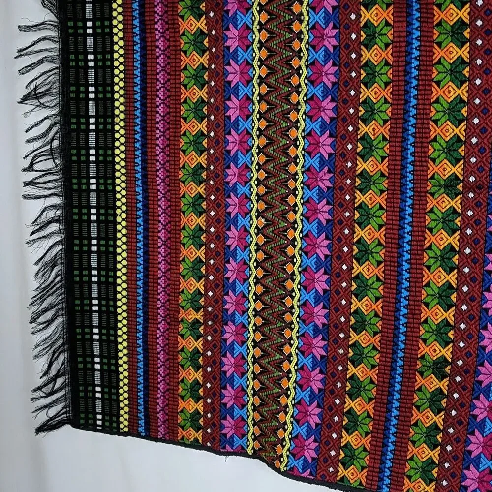 Indigenous Blanket Shawl Multicolor Floral 35 x 48 in Fringe Wall Hanging